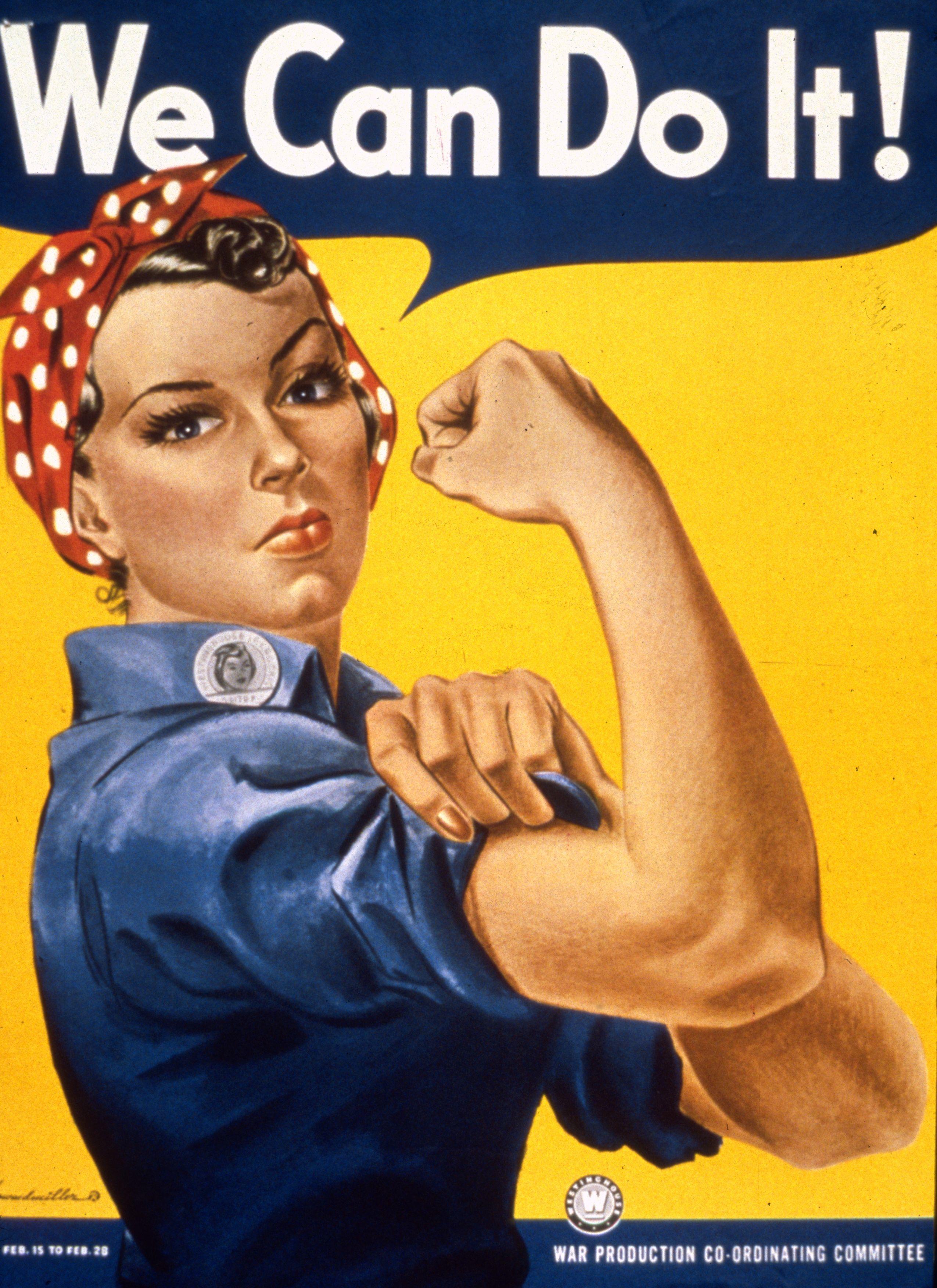 J. Howard Miller’s original We Can Do It! poster, showing a woman in blue work clothes flexing her arm